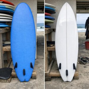 Beginner surfer comparing a large soft-top surfboard with a stable hard-top funboard before choosing a first board.